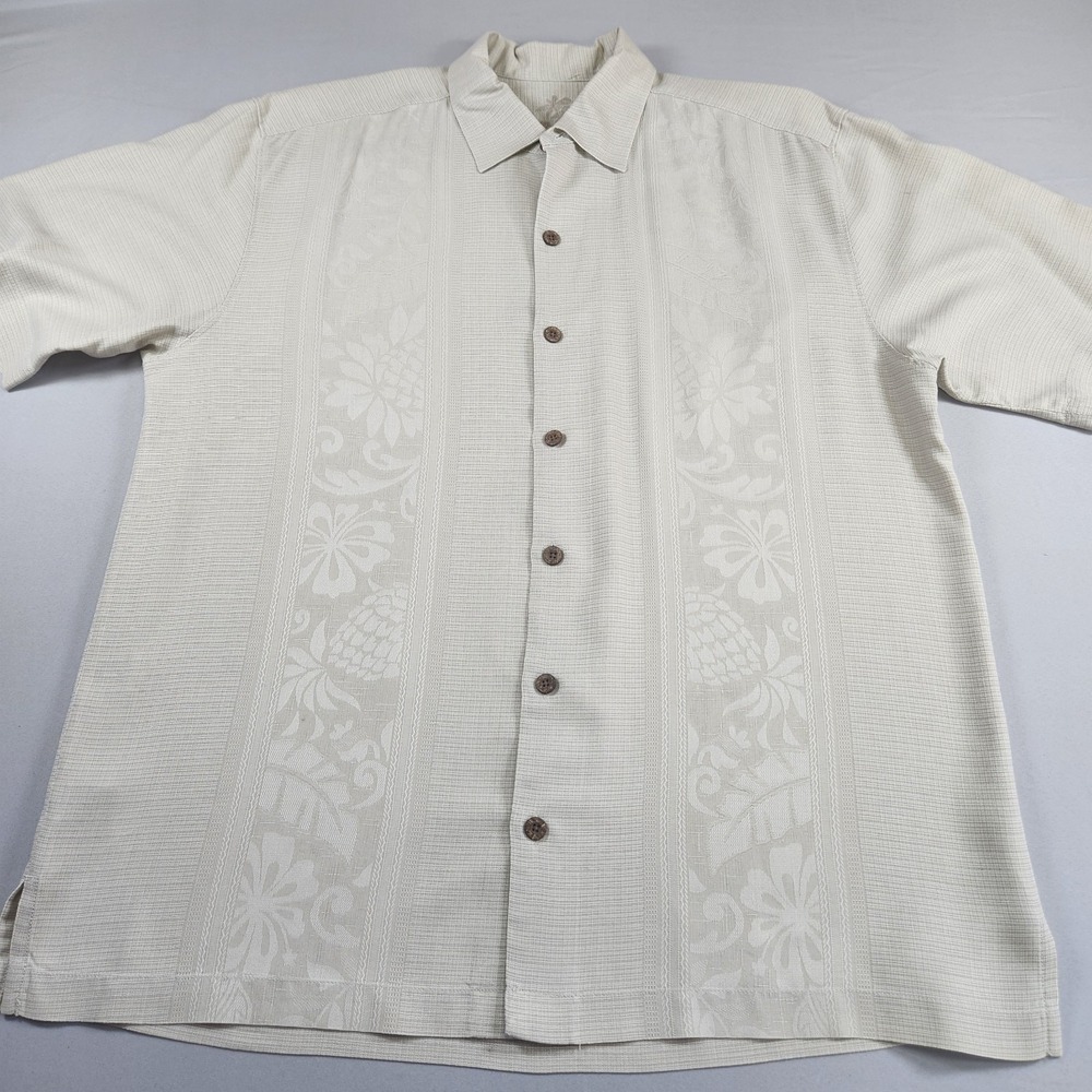 Tommy Bahama  100% Silk Embroidered Camp Shirt Men's Large Sandy Beige Floral